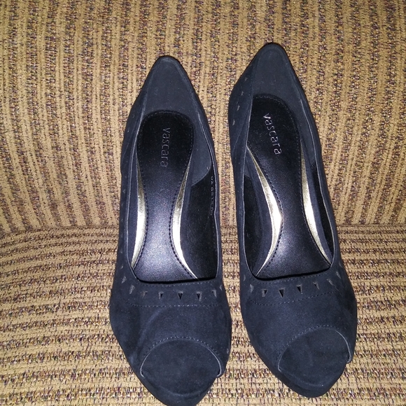 Vascara Peep-Toe Black Suede Heels - Picture 2 of 8